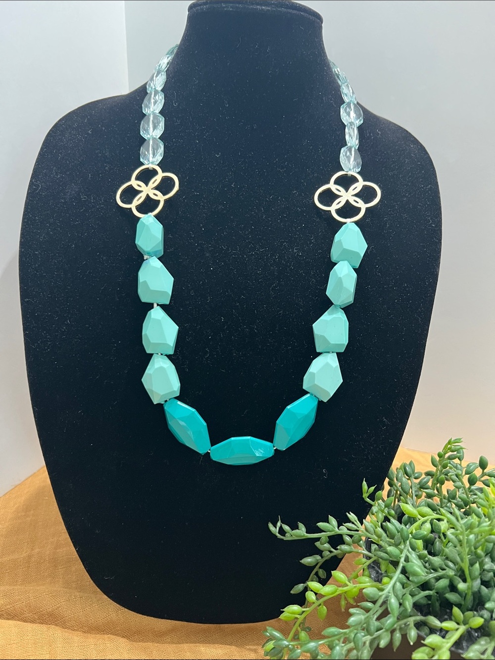 Elegant shades of Turquoise resin Statement Necklace with Gold Accents